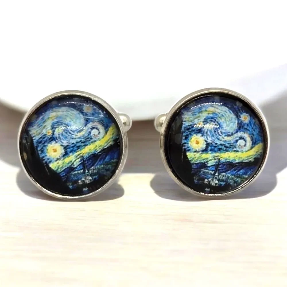 Van Gogh Starry Night Cufflinks Silver Blue Art Museum Artist Chic Teacher Gift